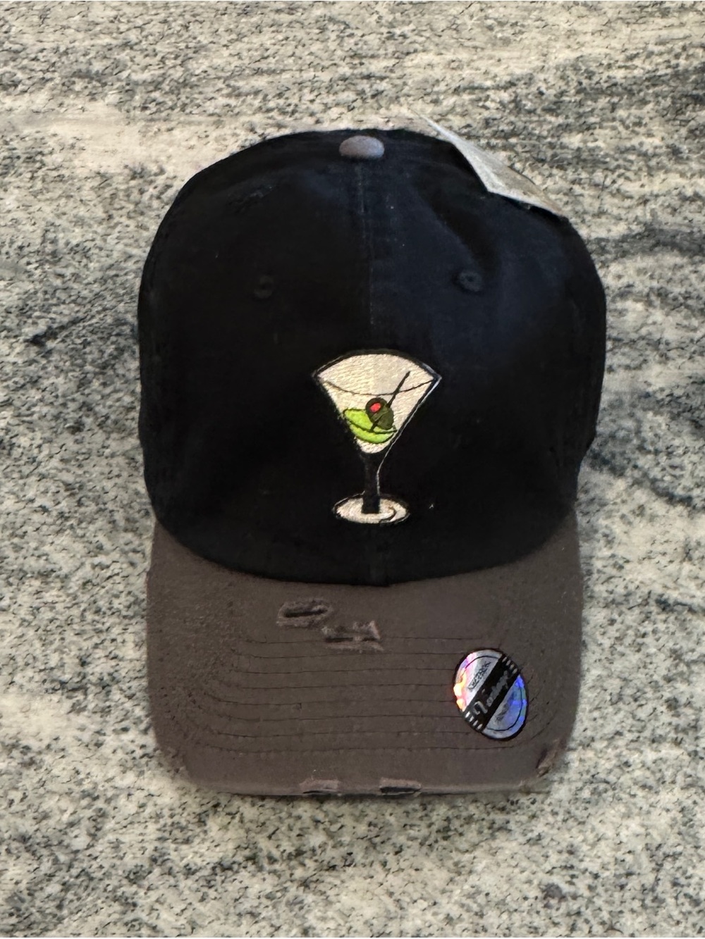 New Custom Designed Black & Gray Distressed Baseball Cap w Embroidered Martini🍸